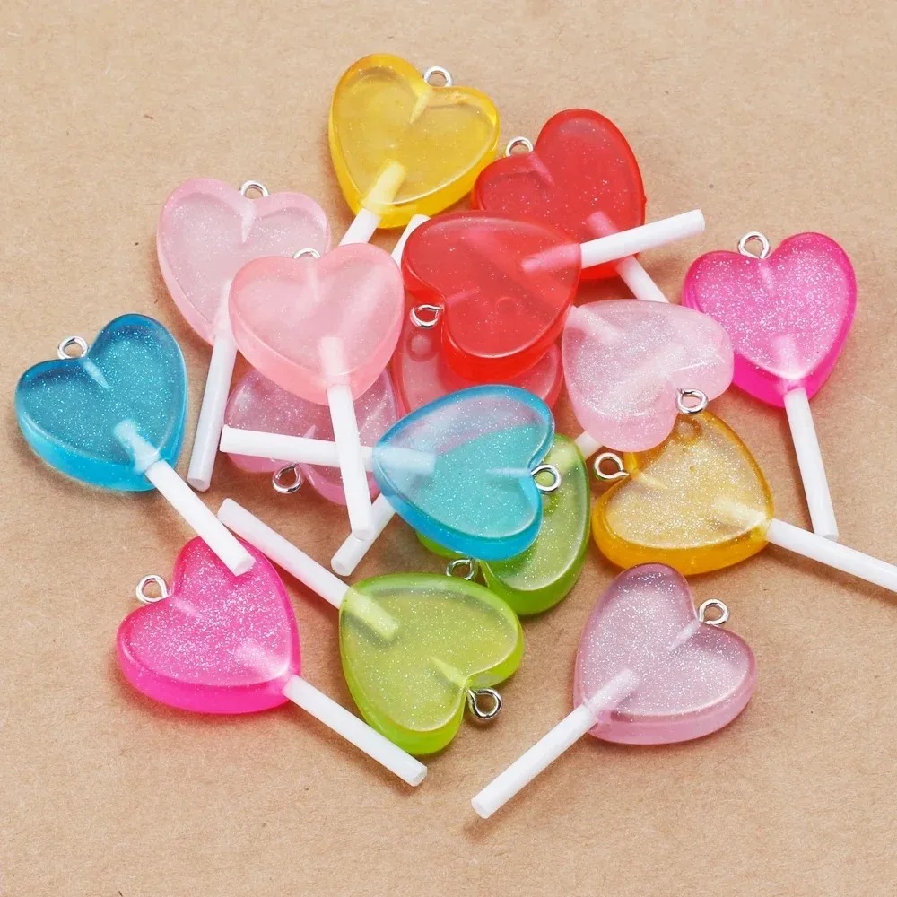 Resin Art Handmade - 10Pcs Kawaii Sparkly Heart Lollipop Resin